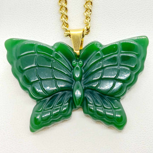 Natural Hetian Jade Butterfly Pendant with Stainless Steel Chain Necklace