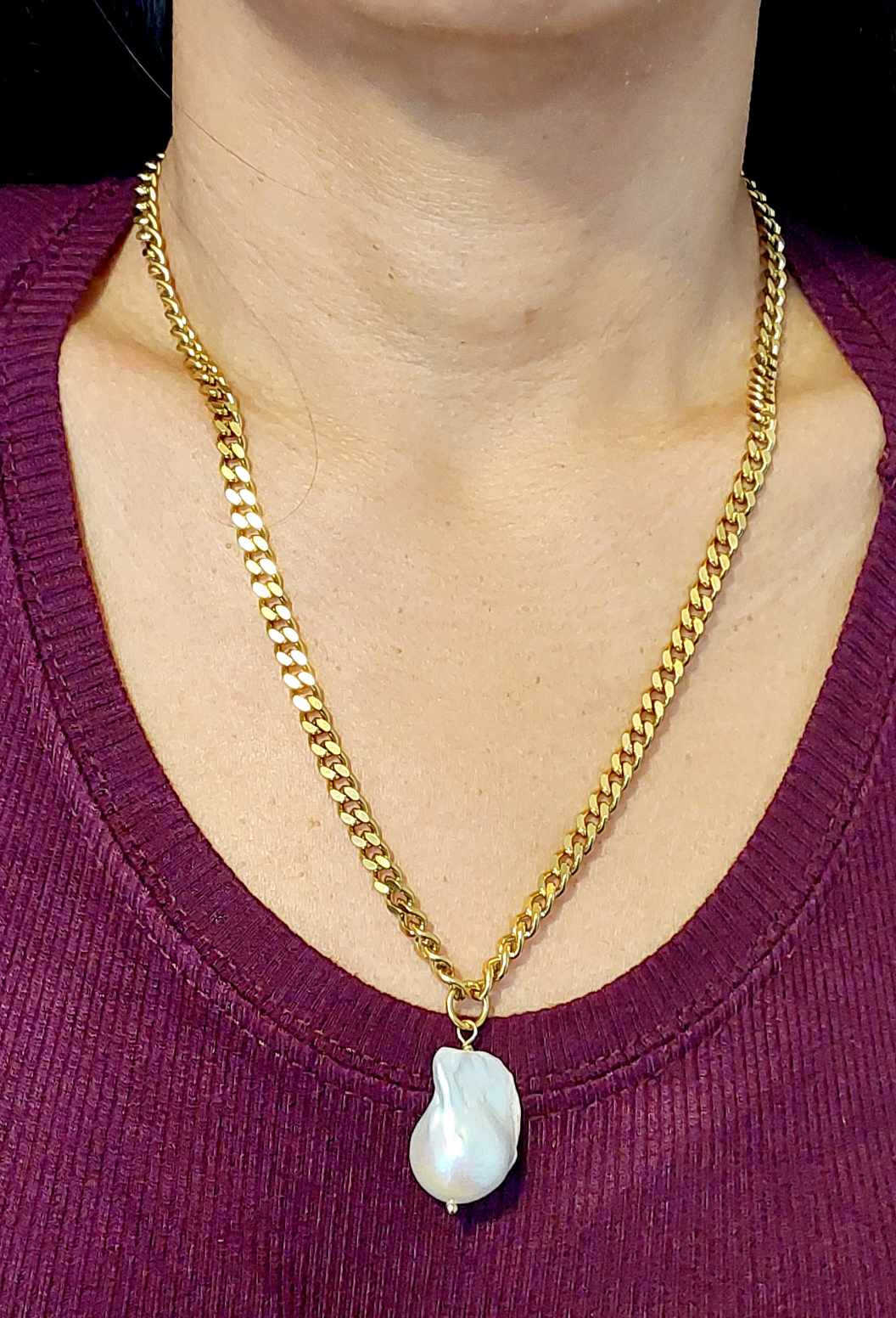 Natural Large Baroque Pearl Pendant in Gold Plated Stainless Steel
