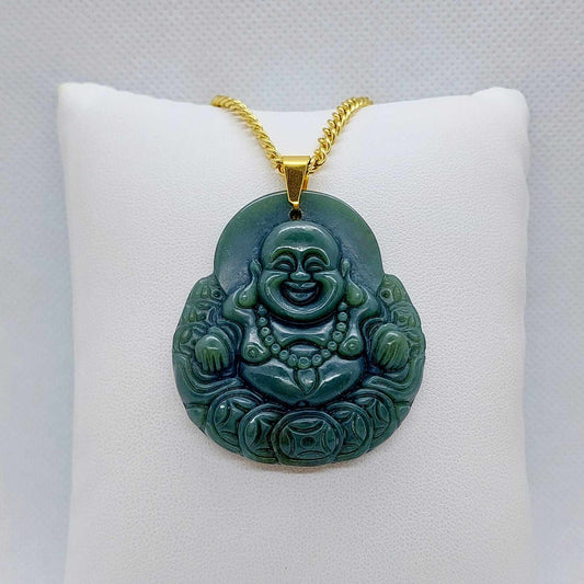 Natural South China Jade Buddha Pendant with Gold Plated Stainless Steel Chain Necklace
