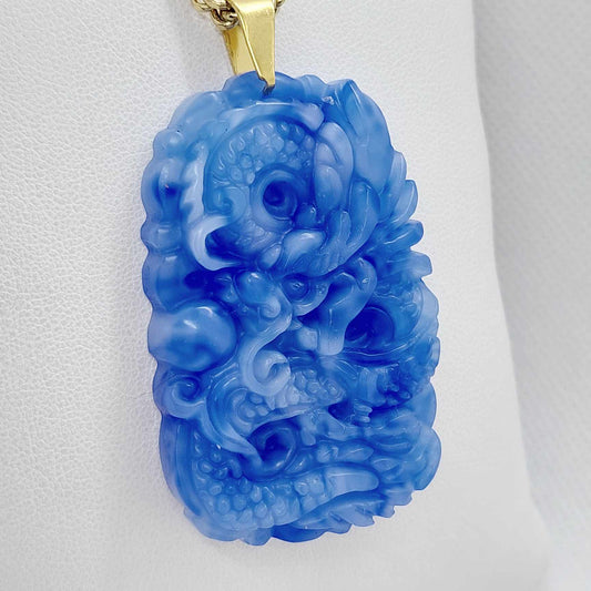 Natural Blue & White Jade Dragon Pendant with Gold Plated Stainless Steel Chain Necklace