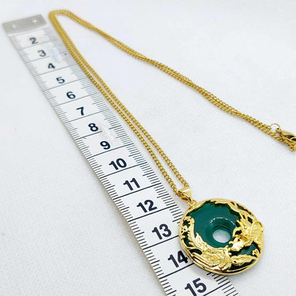 Natural Hetian Jade Dragon & Phoenix Pendant and chain necklace in Gold Plated Sterling Silver