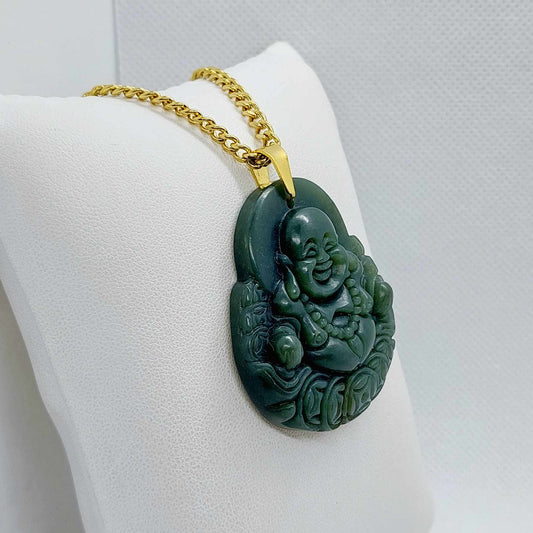 Natural South China Jade Buddha Pendant with Gold Plated Stainless Steel Chain Necklace