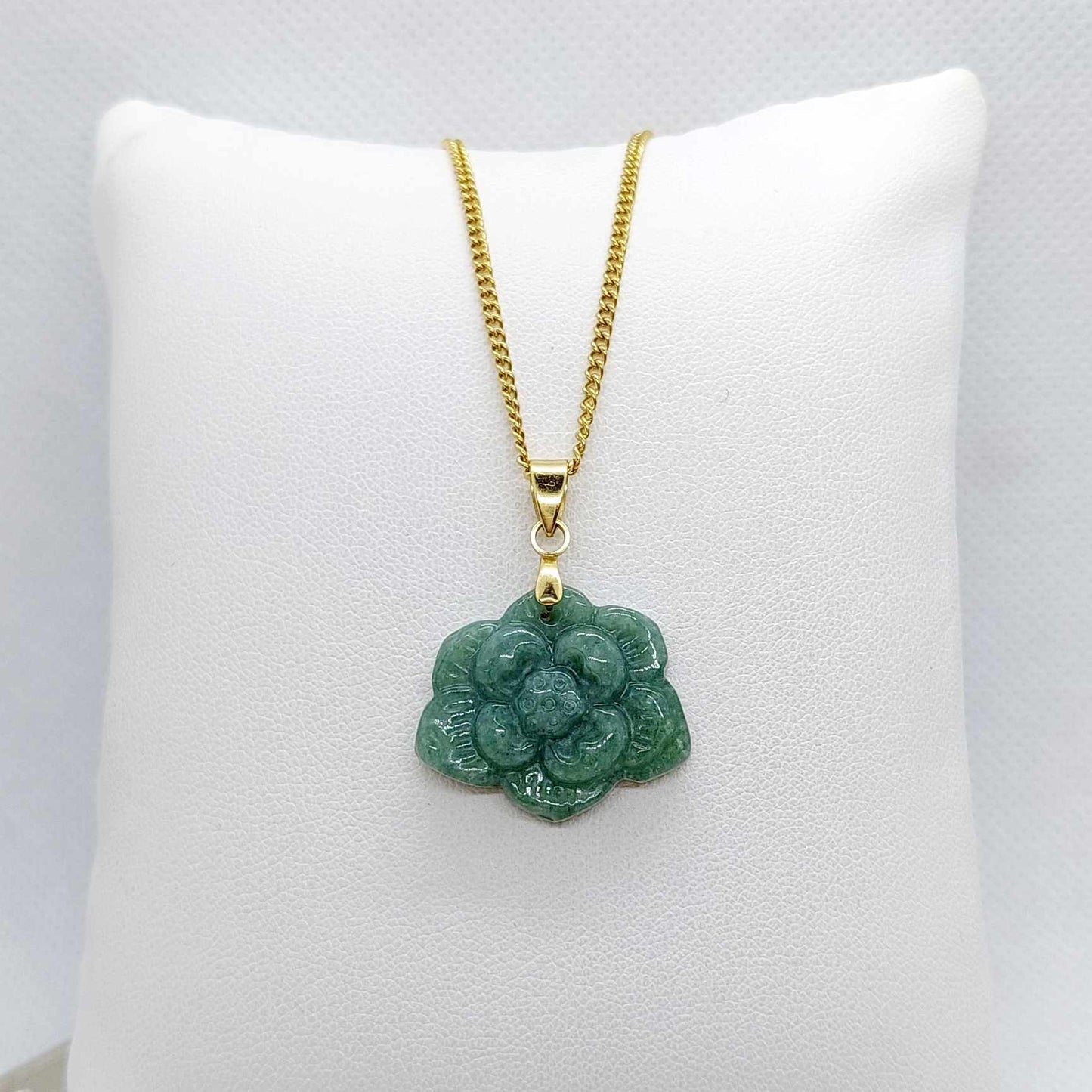 Natural Burmese Jade Lotus Flower Pendant with Gold Plated Stainless Steel Chain Necklace