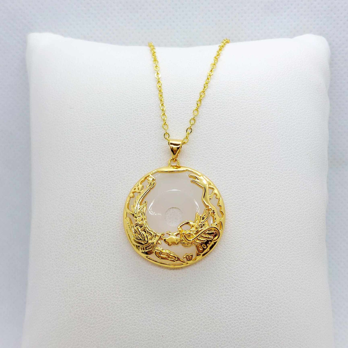 Natural White Hetian Jade with Dragon & Phoenix Pendant Necklace in Gold Plated Sterling Silver