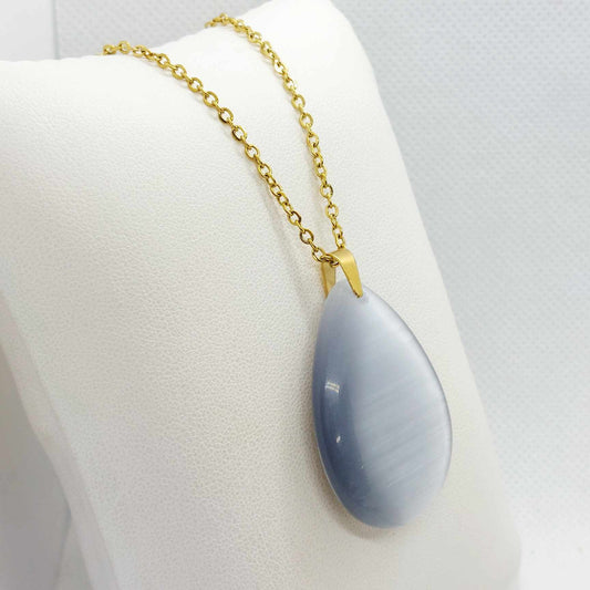 Natural Grey Cat Eye Quartz Raindrop Pendant with Stainless Steel Gold Plated Chain Necklace