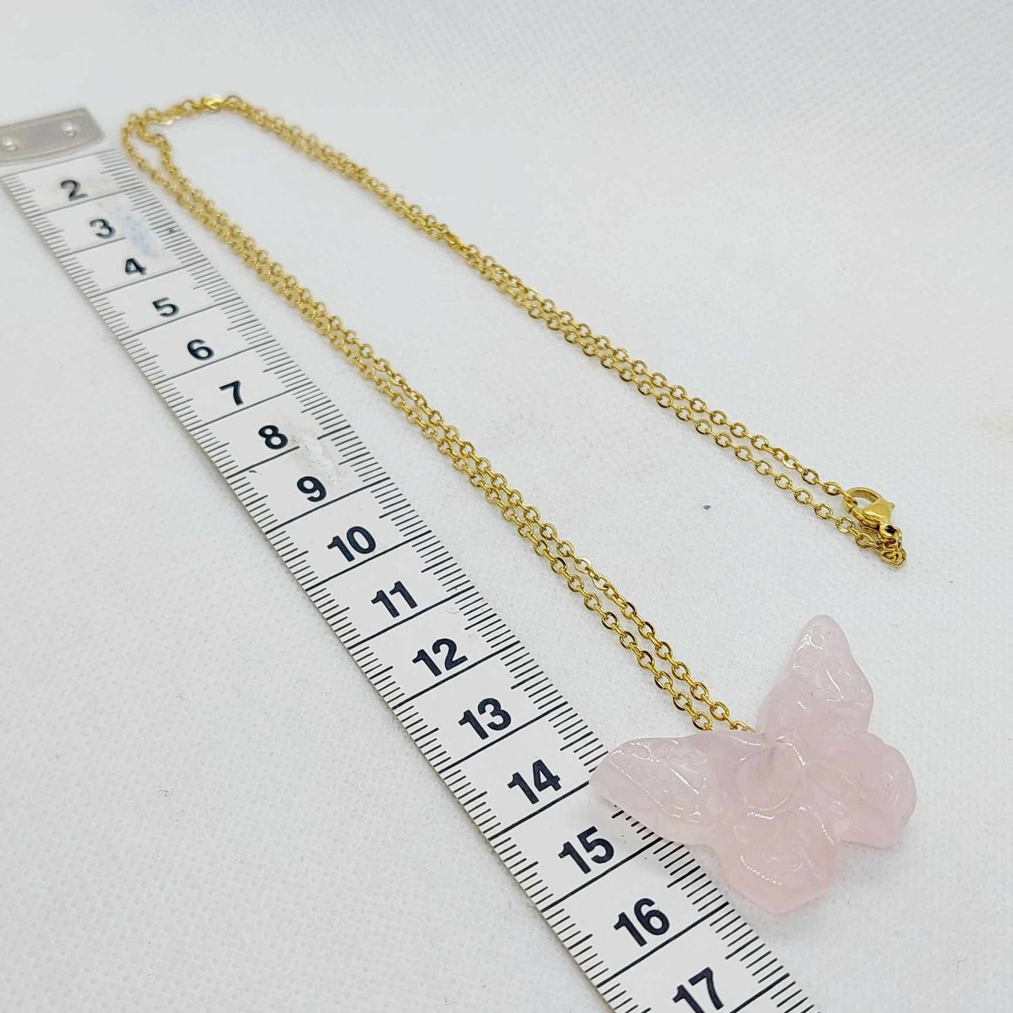 Natural Rose Quartz Skull Butterfly Pendant with Stainless Steel Gold Plated Chain Necklace