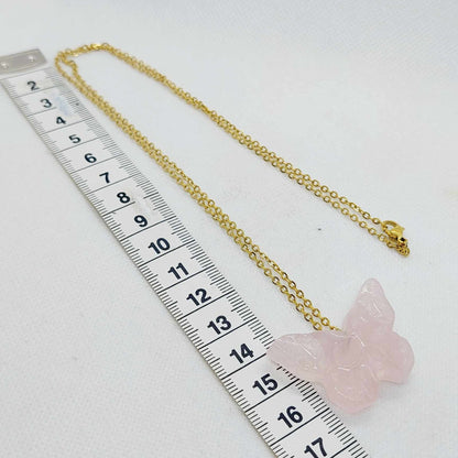 Natural Rose Quartz Skull Butterfly Pendant with Stainless Steel Gold Plated Chain Necklace