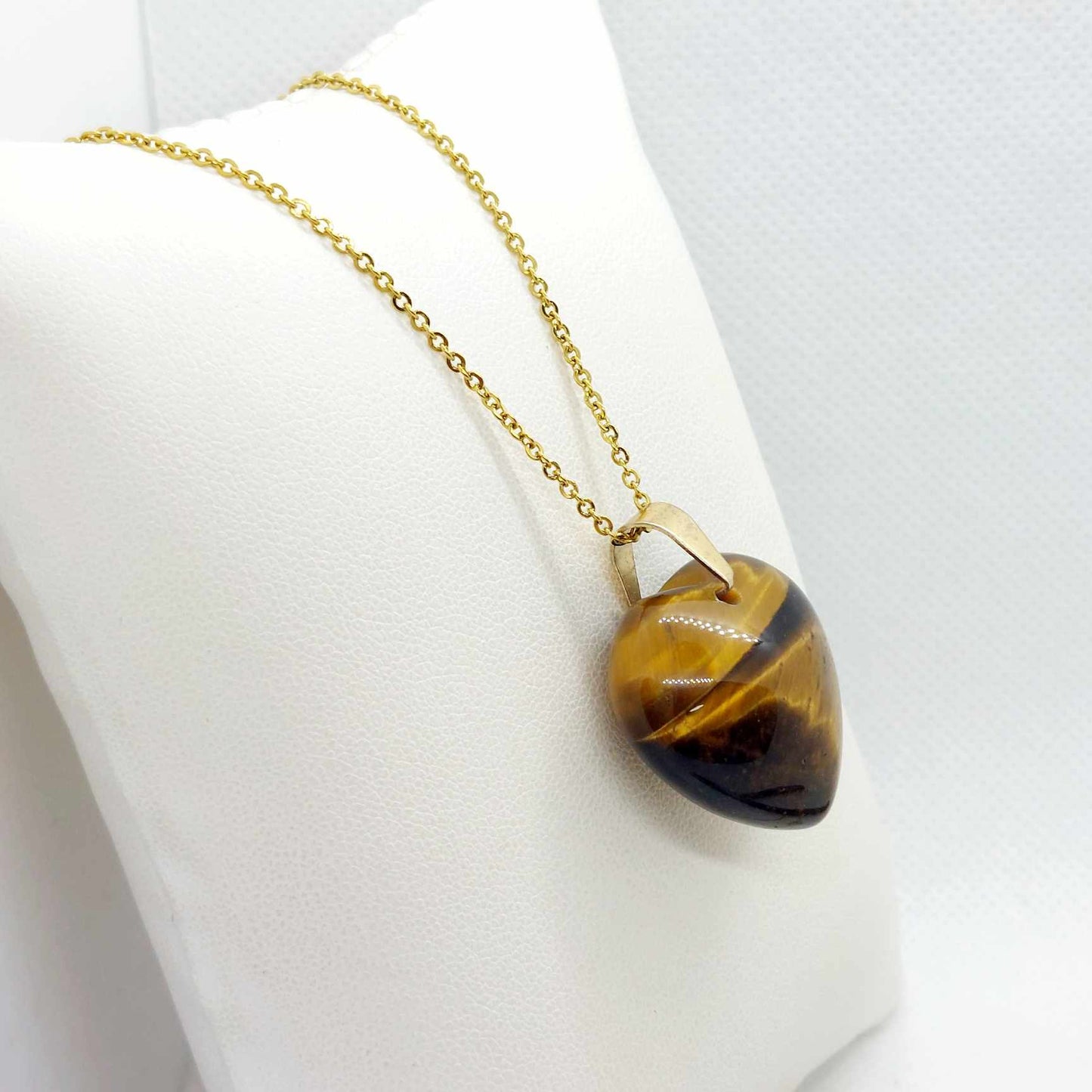 Natural Tiger Eye Heart Pendant with Stainless Steel Gold Plated Chain Necklace