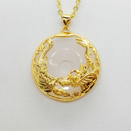 Natural White Hetian Jade Dragon & Phoenix Pendant with Gold Plated Stainless Steel Chain Necklace