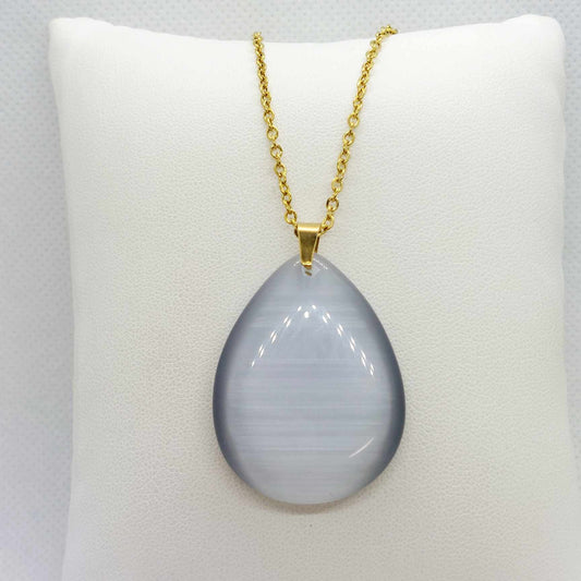 Natural Grey Cat Eye Quartz Teardrop Pendant with Stainless Steel Gold Plated Chain Necklace