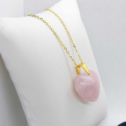 Natural Rose Quartz Heart Pendant with Stainless Steel Gold Plated Chain Necklace