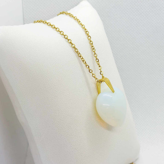 Natural Opal Heart Pendant with Stainless Steel Gold Plated Chain Necklace