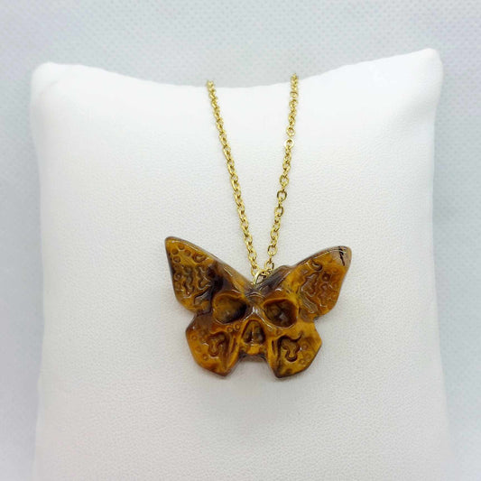 Natural Tiger Eye Skull Butterfly Pendant with Stainless Steel Gold Plated Chain Necklace