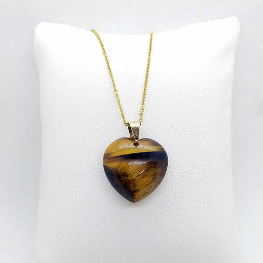 Natural Tiger Eye Heart Pendant with Stainless Steel Gold Plated Chain Necklace