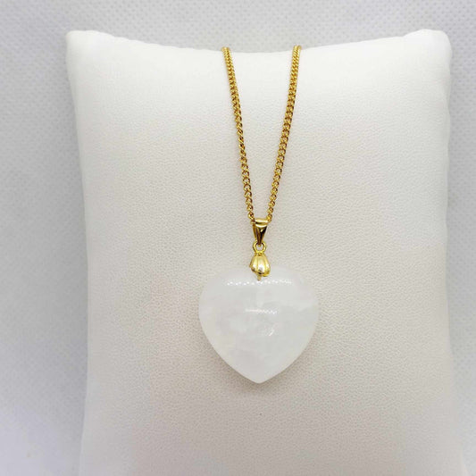 Natural White Crystal Heart Pendant with Stainless Steel Gold Plated Chain Necklace