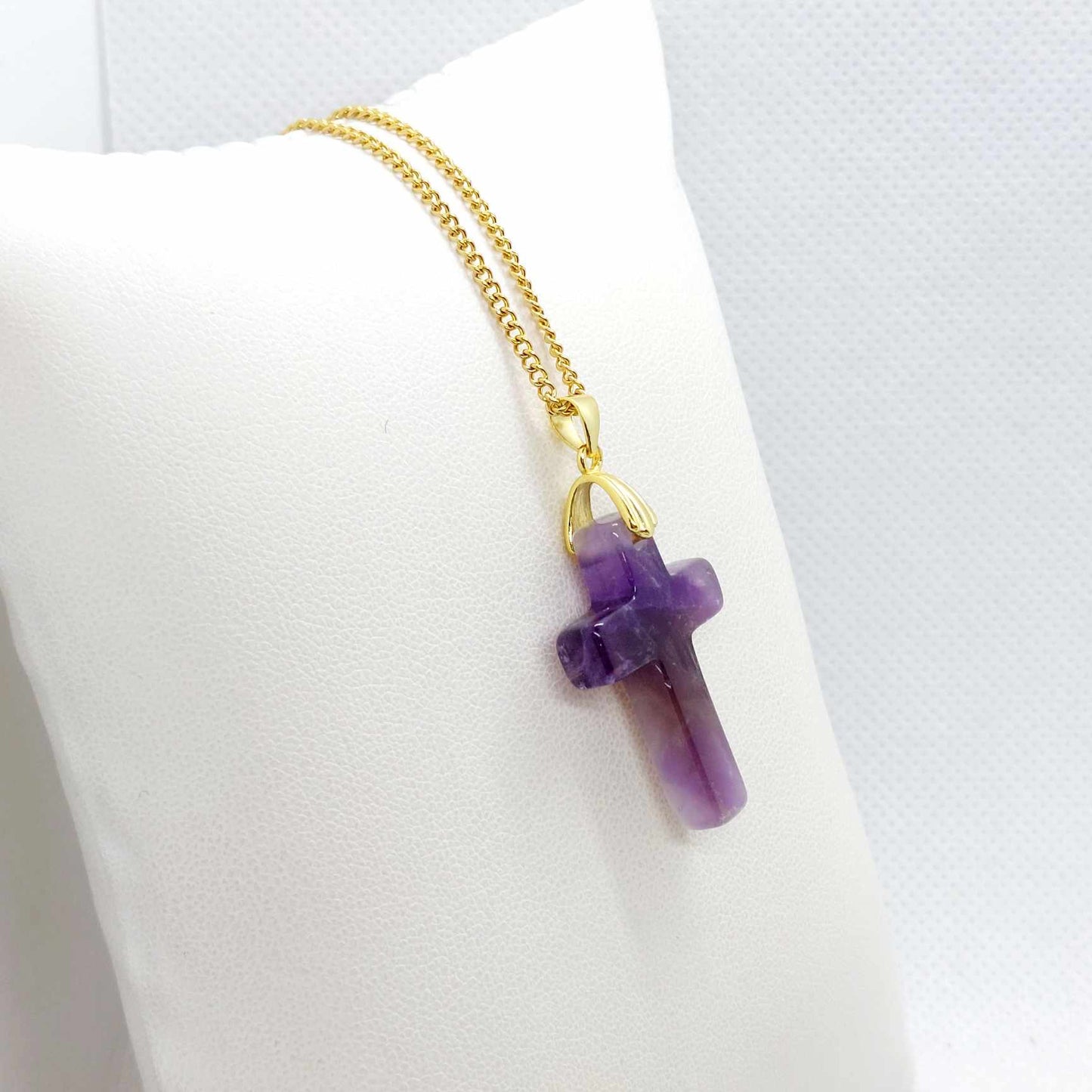 Natural Amethyst Cross Pendant with Stainless Steel Gold Plated Chain Necklace