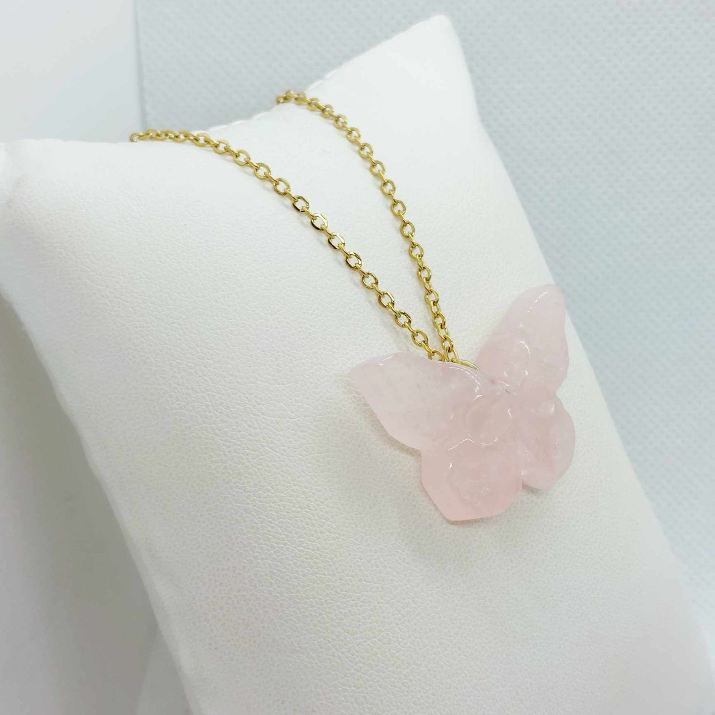 Natural Rose Quartz Skull Butterfly Pendant with Stainless Steel Gold Plated Chain Necklace