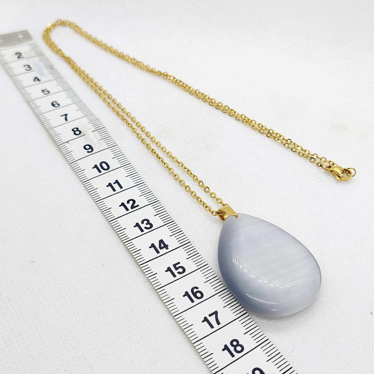 Natural Grey Cat Eye Quartz Teardrop Pendant with Stainless Steel Gold Plated Chain Necklace