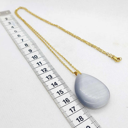 Natural Grey Cat Eye Quartz Teardrop Pendant with Stainless Steel Gold Plated Chain Necklace