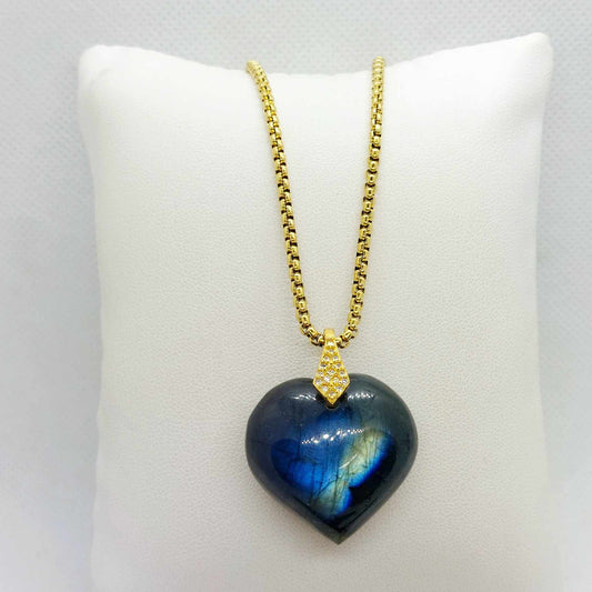 Natural Labradorite Heart Pendant with Stainless Steel Gold Plated Chain Necklace