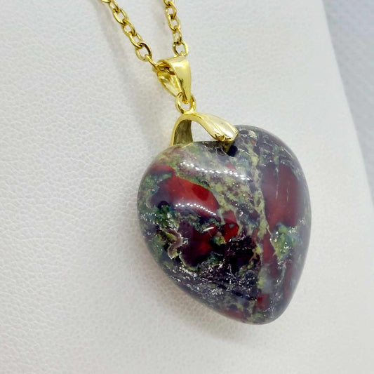 Natural Dragon Blood Heart Pendant with Stainless Steel Gold Plated Chain Necklace