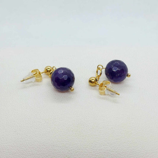 Natural Amethyst Dangle Stud Earrings in Gold Plated Stainless Steel