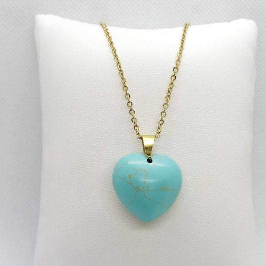 Natural Turquoise Heart Pendant with Stainless Steel Gold Plated Chain Necklace