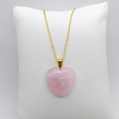 Natural Rose Quartz Heart Pendant with Stainless Steel Gold Plated Chain Necklace