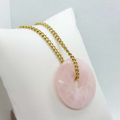 Natural Rose Quartz Donut Pendant with Stainless Steel Gold Plated Chain Necklace
