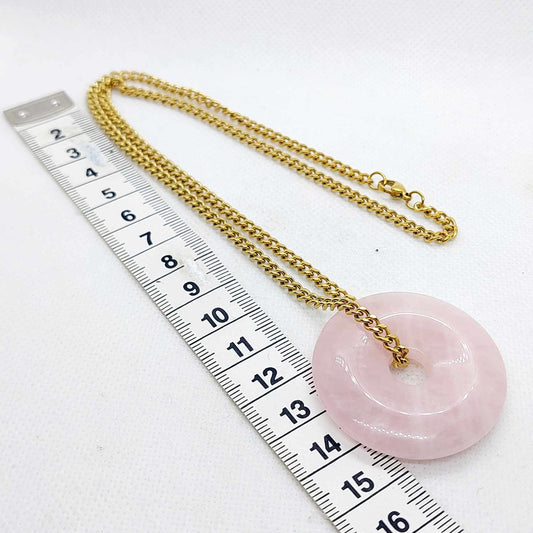 Natural Rose Quartz Donut Pendant with Stainless Steel Gold Plated Chain Necklace