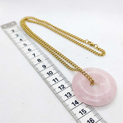 Natural Rose Quartz Donut Pendant with Stainless Steel Gold Plated Chain Necklace