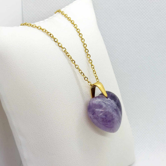 Natural Amethyst Heart Pendant with Stainless Steel Gold Plated Chain Necklace