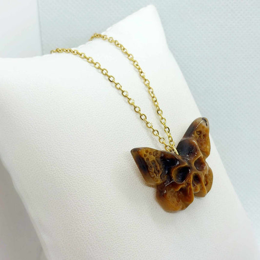 Natural Tiger Eye Skull Butterfly Pendant with Stainless Steel Gold Plated Chain Necklace