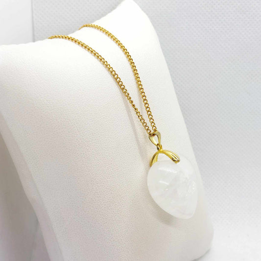 Natural White Crystal Heart Pendant with Stainless Steel Gold Plated Chain Necklace