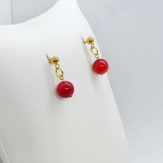 Natural Coral Dyed Red Dangle Earrings in Gold Plated Stainless Steel