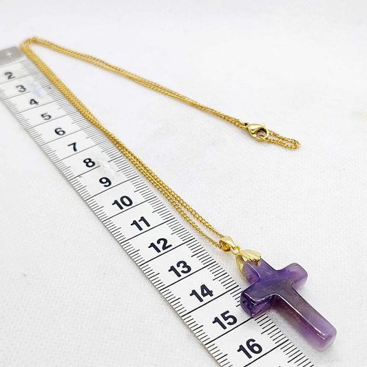 Natural Amethyst Cross Pendant with Stainless Steel Gold Plated Chain Necklace