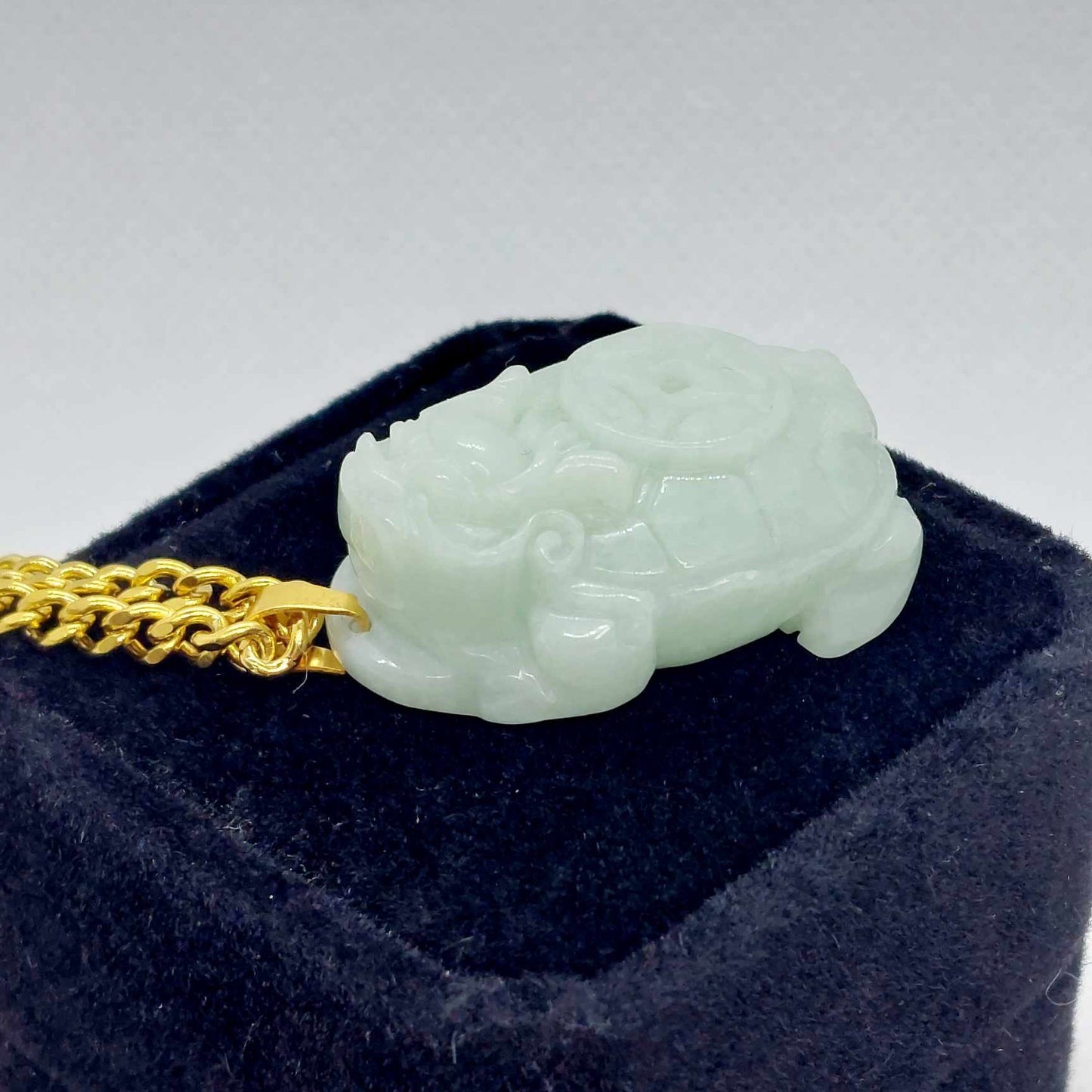 Natural Burmese Jade Dragon Turtle Pendant with Gold Plated Stainless Steel Chain Necklace