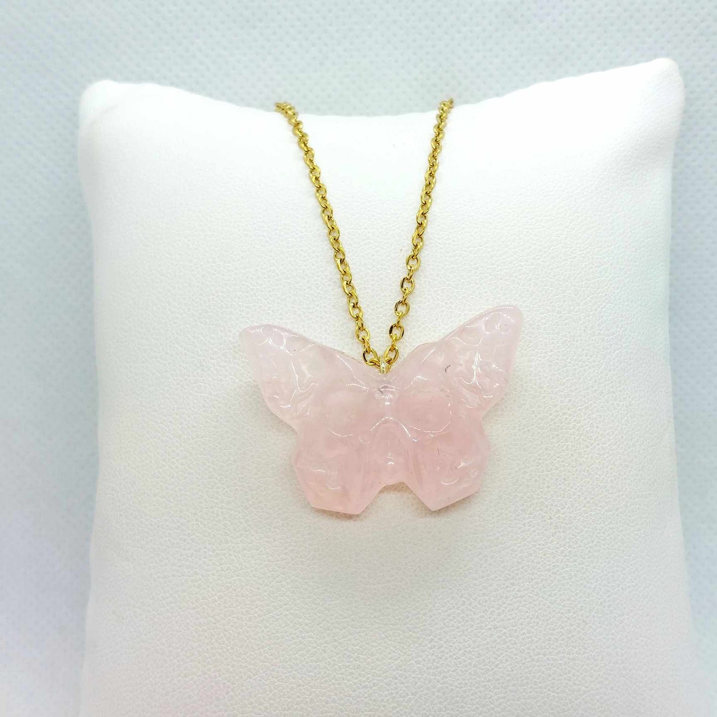 Natural Rose Quartz Skull Butterfly Pendant with Stainless Steel Gold Plated Chain Necklace
