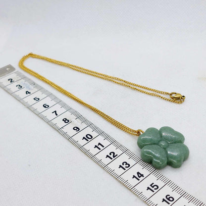 Natural Burmese Jade Clover Pendant with Gold Plated Stainless Steel Chain Necklace