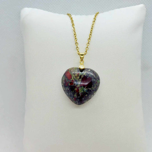 Natural Dragon Blood Heart Pendant with Stainless Steel Gold Plated Chain Necklace