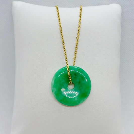 Natural Chinese Jade Donut Pendant with Gold Plated Stainless Steel Chain Necklace