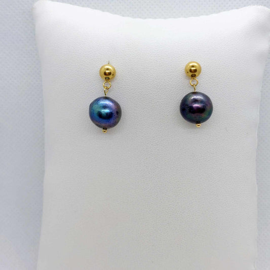 Natural Peacock Pearl Dangle Stud Earrings in Gold Plated Stainless Steel