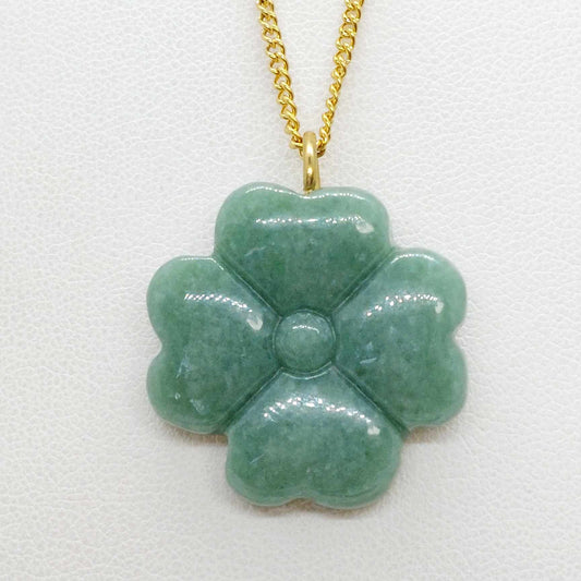 Natural Burmese Jade Clover Pendant with Gold Plated Stainless Steel Chain Necklace