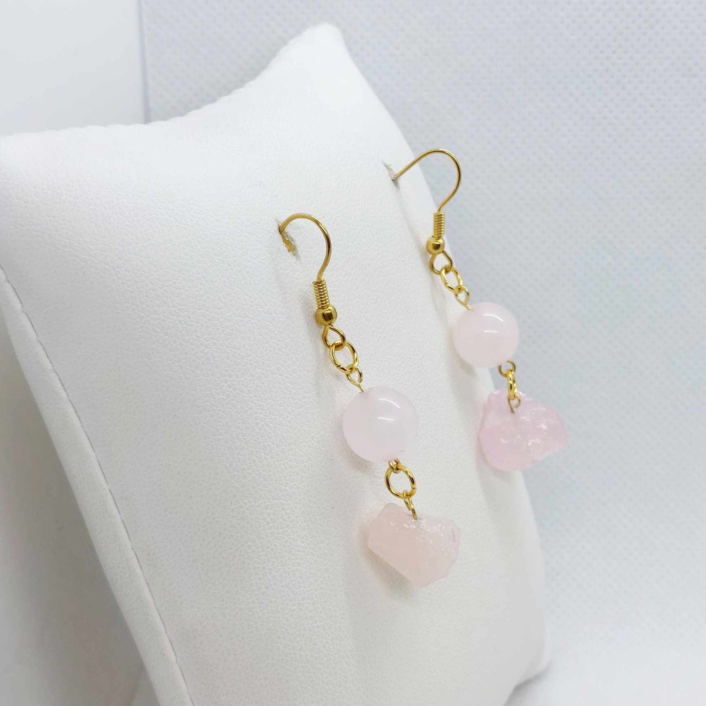 Natural Rose Quartz Dangle Earrings in Stainless Steel Gold Plated