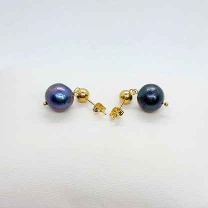 Natural Peacock Pearl Dangle Stud Earrings in Gold Plated Stainless Steel