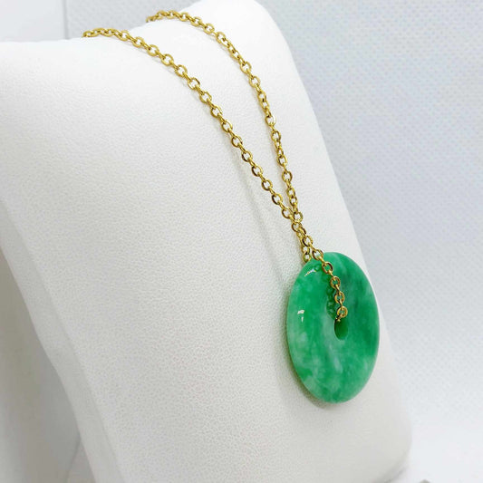 Natural Chinese Jade Donut Pendant with Gold Plated Stainless Steel Chain Necklace
