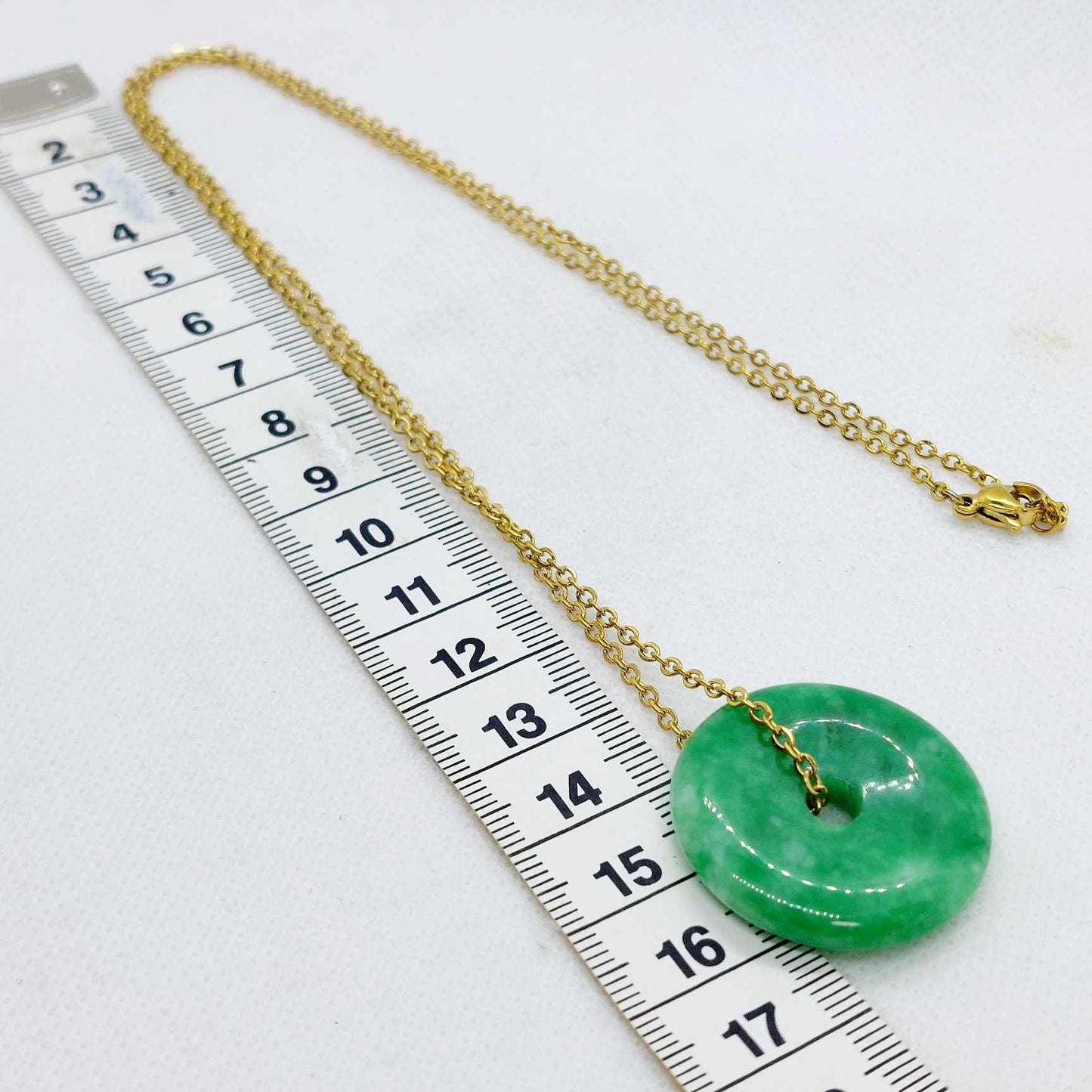 Natural Chinese Jade Donut Pendant with Gold Plated Stainless Steel Chain Necklace