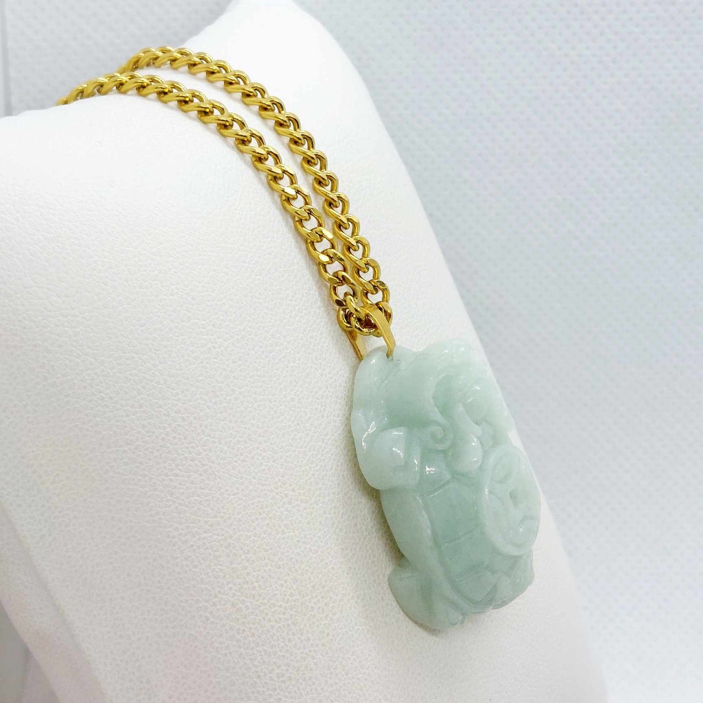 Natural Burmese Jade Dragon Turtle Pendant with Gold Plated Stainless Steel Chain Necklace
