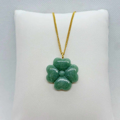 Natural Burmese Jade Clover Pendant with Gold Plated Stainless Steel Chain Necklace