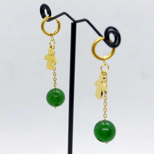 Natural Hetian Jade with Angel Dangle Earrings in Gold Plated Stainless Steel